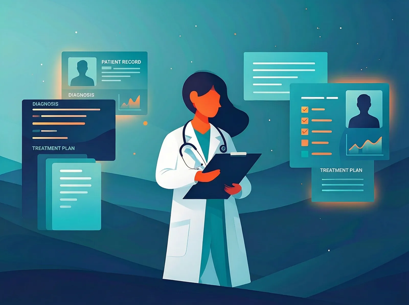 Illustration of a doctor surrounded by patient files and medical history