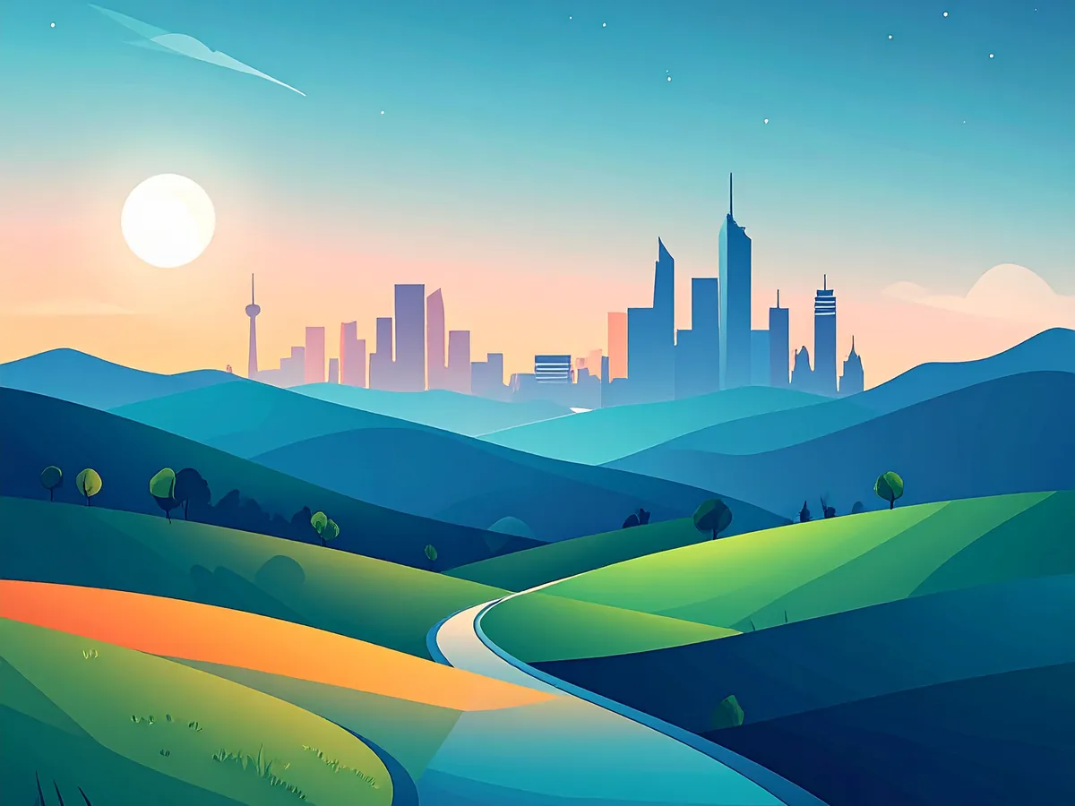 Illustration of a winding path that leads to a futuristic city visible over the horizon, symbolizing a path to a better future