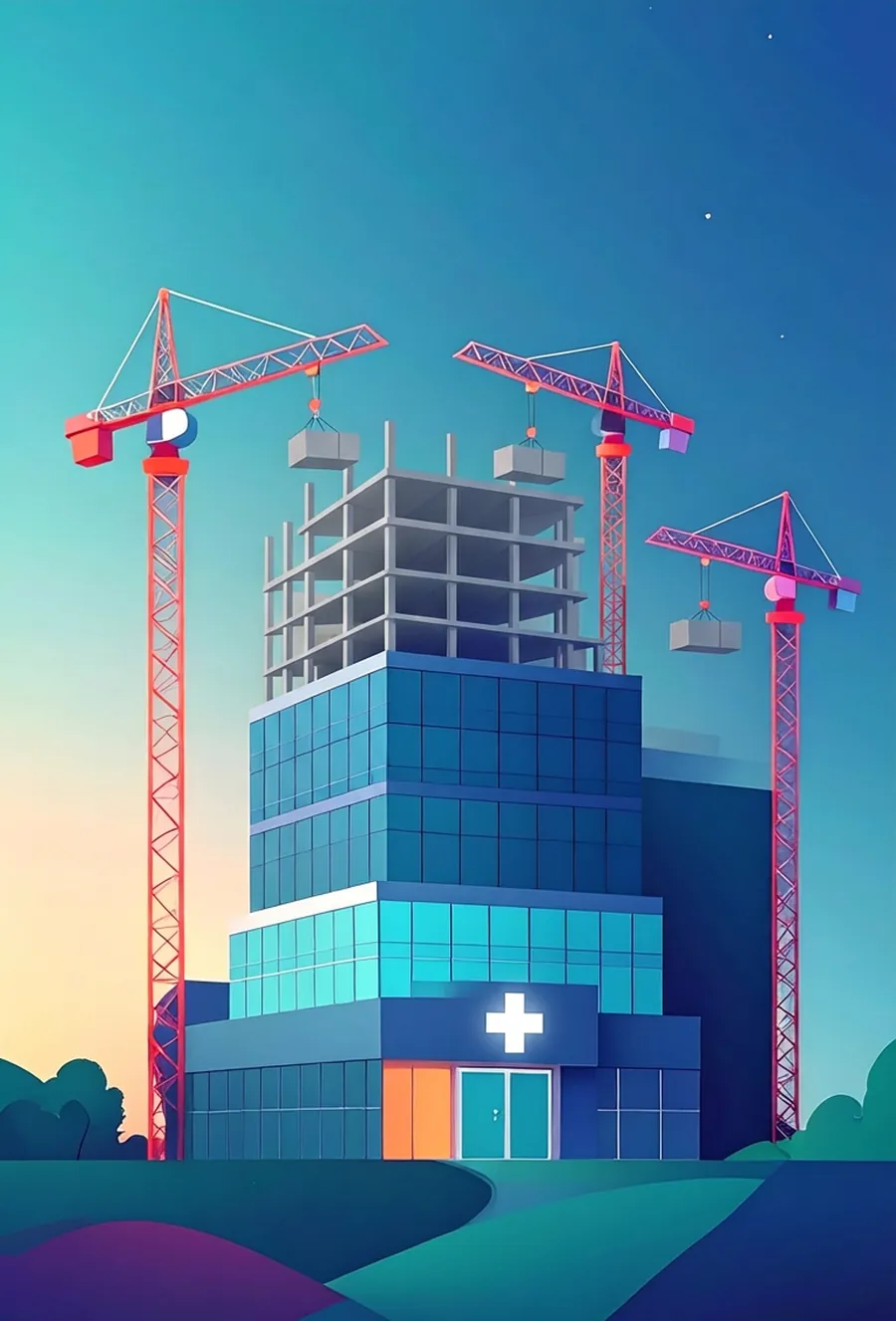 Illustration showing the construction of a hospital building