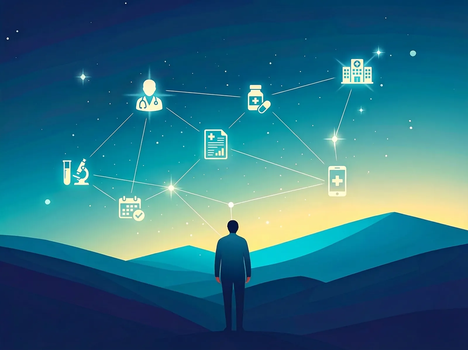 Abstract image of person looking at a constellation of stars, representing different aspects of healthcare