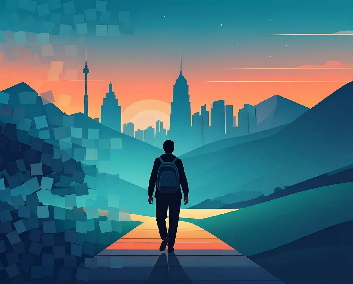 Illustration of a person walking towards a bright horizon with futuristic buildings, representing a better future