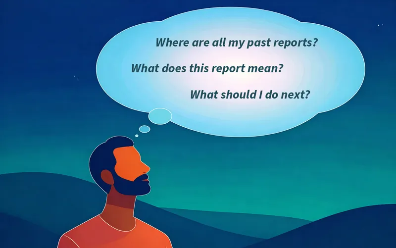 Illustration of a person with several questions, representing confusion and uncertainty